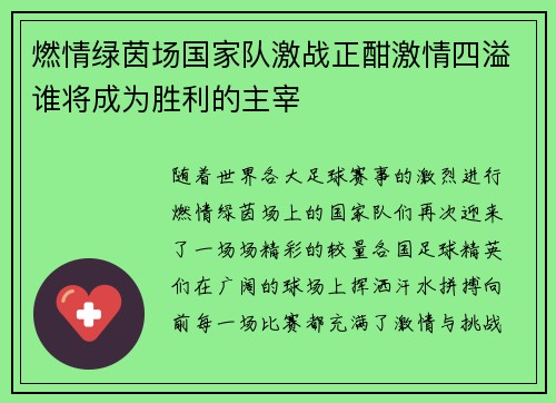 燃情绿茵场国家队激战正酣激情四溢谁将成为胜利的主宰