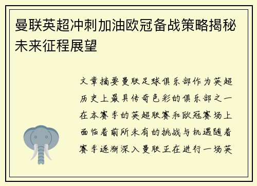 曼联英超冲刺加油欧冠备战策略揭秘未来征程展望