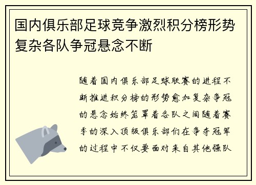 国内俱乐部足球竞争激烈积分榜形势复杂各队争冠悬念不断