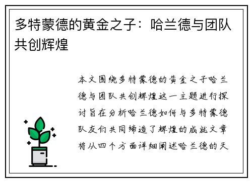 多特蒙德的黄金之子：哈兰德与团队共创辉煌