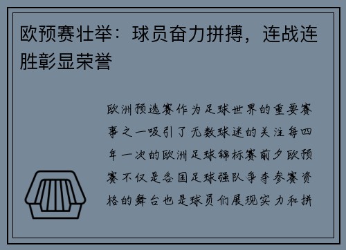 欧预赛壮举：球员奋力拼搏，连战连胜彰显荣誉