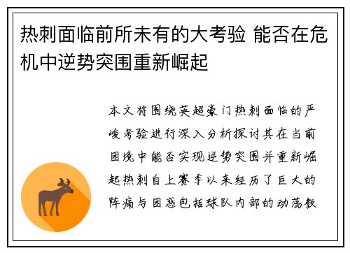 热刺面临前所未有的大考验 能否在危机中逆势突围重新崛起