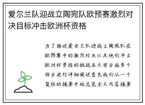 爱尔兰队迎战立陶宛队欧预赛激烈对决目标冲击欧洲杯资格