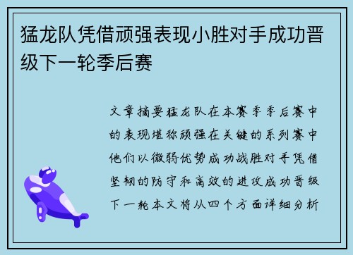 猛龙队凭借顽强表现小胜对手成功晋级下一轮季后赛