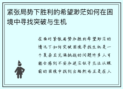 紧张局势下胜利的希望渺茫如何在困境中寻找突破与生机