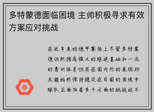 多特蒙德面临困境 主帅积极寻求有效方案应对挑战