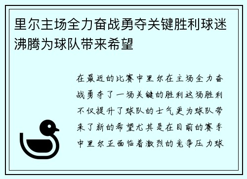 里尔主场全力奋战勇夺关键胜利球迷沸腾为球队带来希望