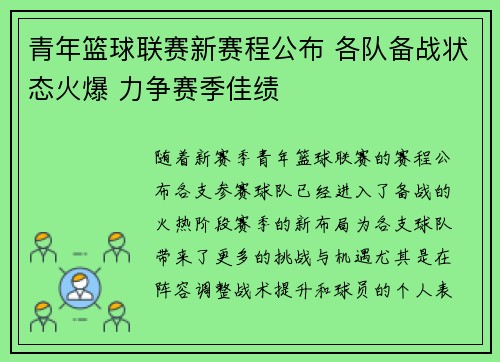 青年篮球联赛新赛程公布 各队备战状态火爆 力争赛季佳绩